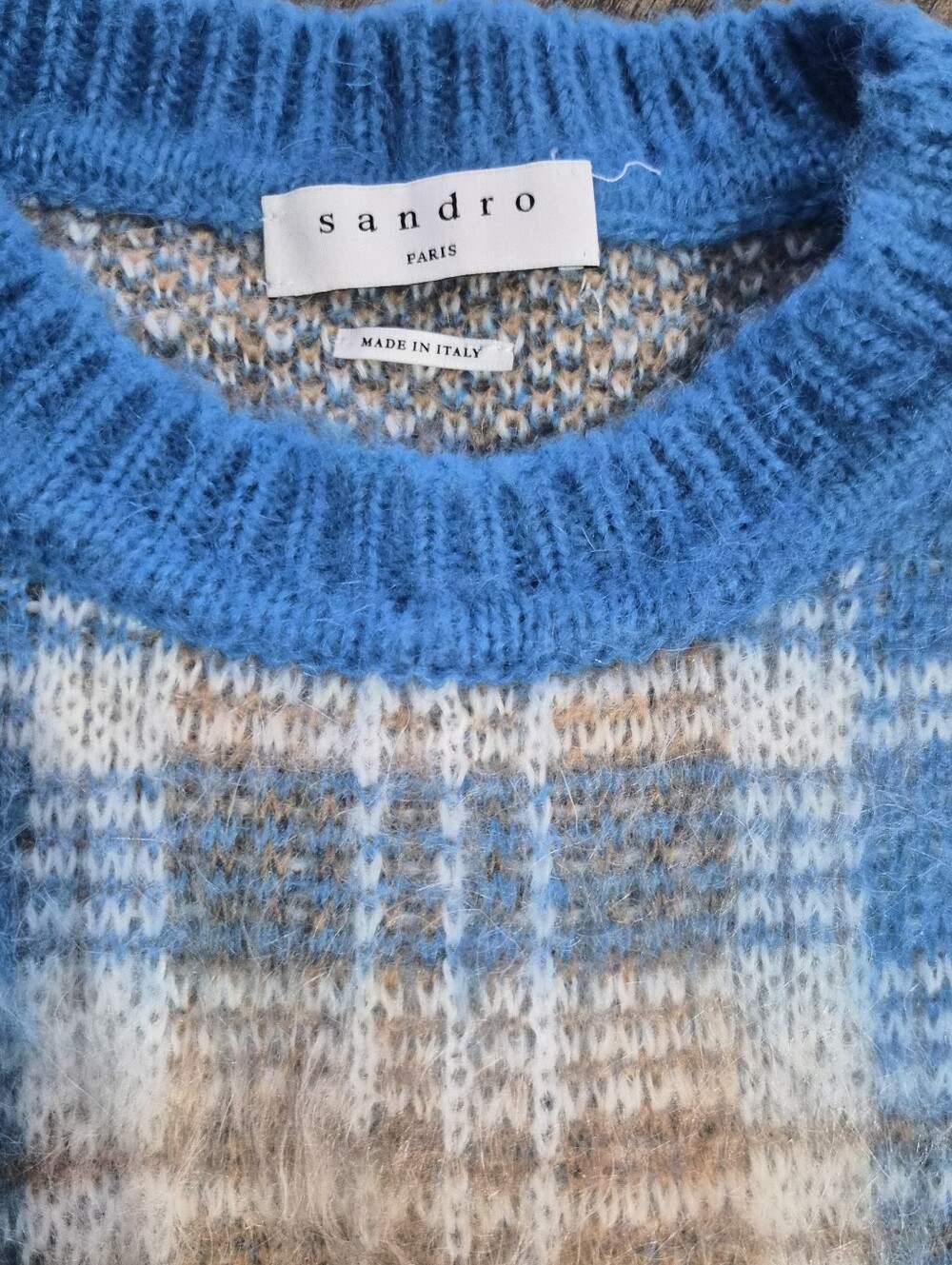 Sandro Womens Poesa Blue Plaid Mohair Blend Crewneck Sweater Size 1 - Picture 6 of 10